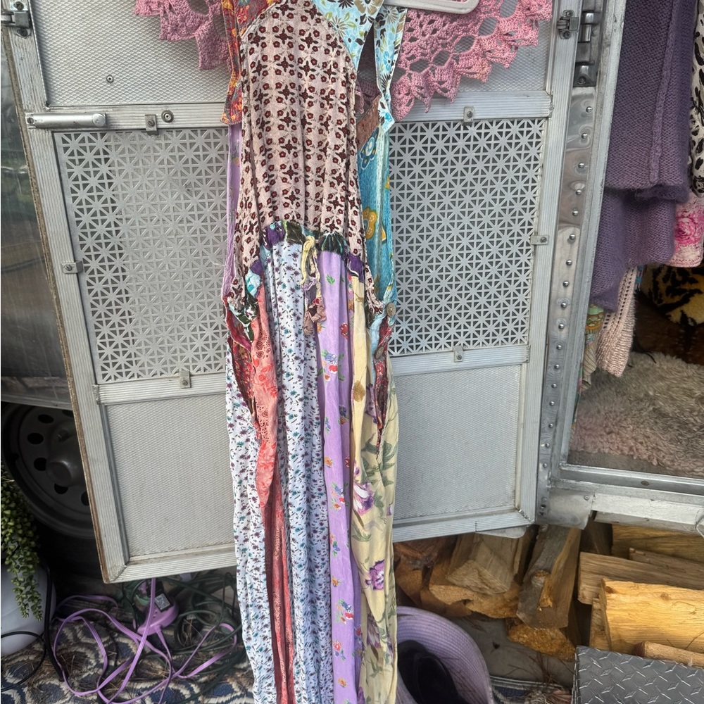 Sacred Threads Boho Patchwork Floral Jumpsuit Overalls in Floral Pastel Mix - Picture 4 of 5